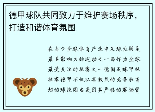 德甲球队共同致力于维护赛场秩序，打造和谐体育氛围