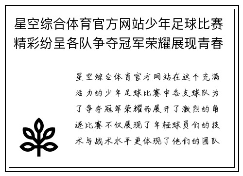 星空综合体育官方网站少年足球比赛精彩纷呈各队争夺冠军荣耀展现青春风采