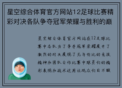 星空综合体育官方网站12足球比赛精彩对决各队争夺冠军荣耀与胜利的巅峰时刻