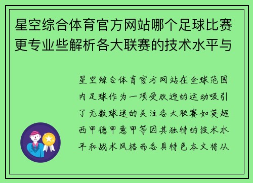 星空综合体育官方网站哪个足球比赛更专业些解析各大联赛的技术水平与战术风格