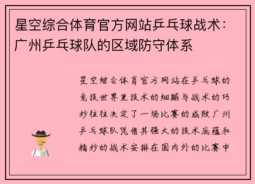 星空综合体育官方网站乒乓球战术：广州乒乓球队的区域防守体系